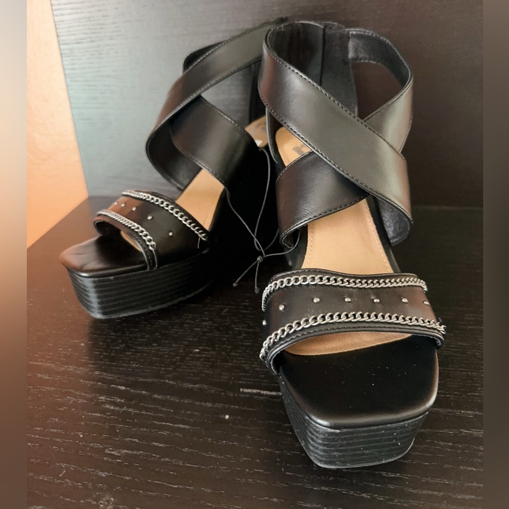 Report Snowdrop Open Toe Sliver chain comfortable black 4 inches Wedge sandals